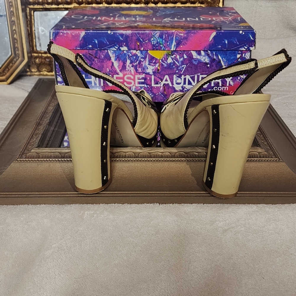 Chinese Laundry Beige Peep Toe Heels with Buckle - Picture 4 of 6
